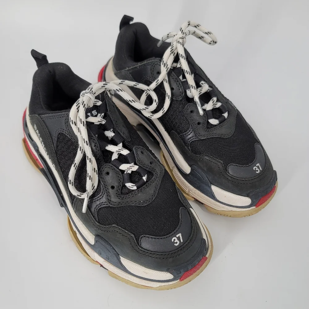 Balenciaga Black Leather Mesh Triple S Sneakers Size 7 HEAVY